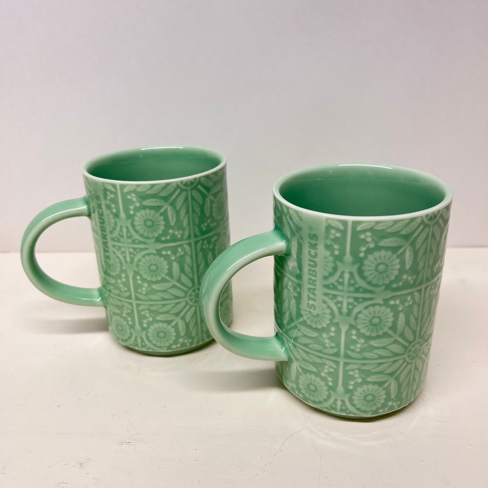 Starbucks Embossed Daisy Floral Ceramic Mug Set of 2